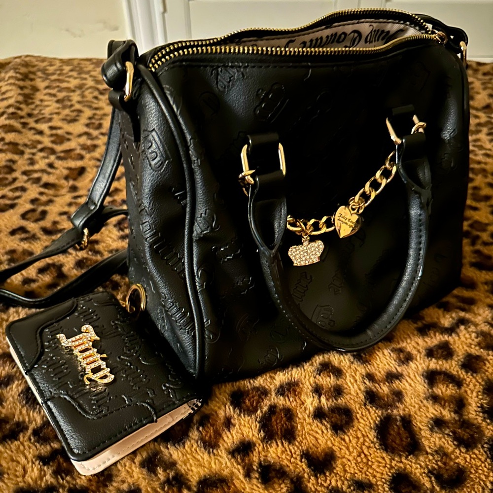 Juicy Couture Black Designer Handbag with Gold Accents and Wallet